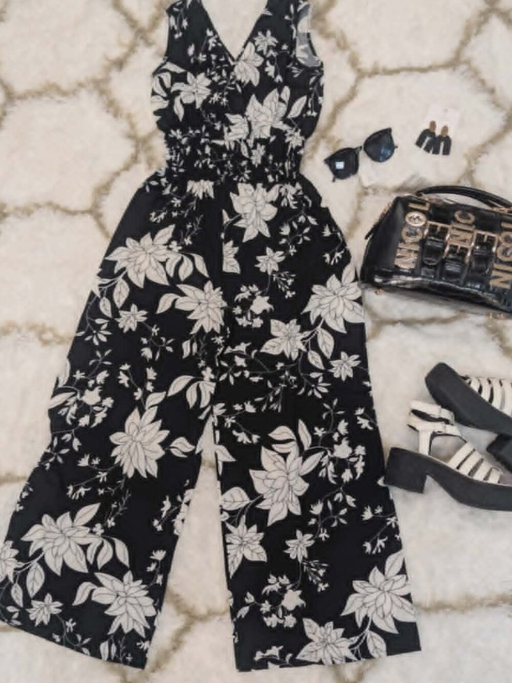 Floral Wide Leg Jumpsuit Black & White | La La Muse | NWT - Picture 3 of 5